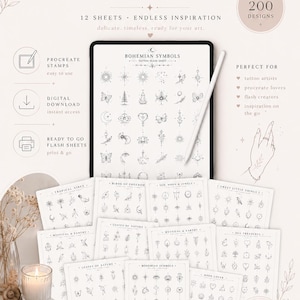 May include: A digital collection of fine line tattoo flash Procreate stamps featuring over 200 designs across 12 sheets. The set includes various bohemian, nature, and mystical symbols displayed on a tablet screen and printed paper sheets.