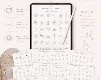 Tattoo-Vorlagen mit feinen Linien: 12 Blätter, über 200 Procreate-Stempel (Digitaler Download)