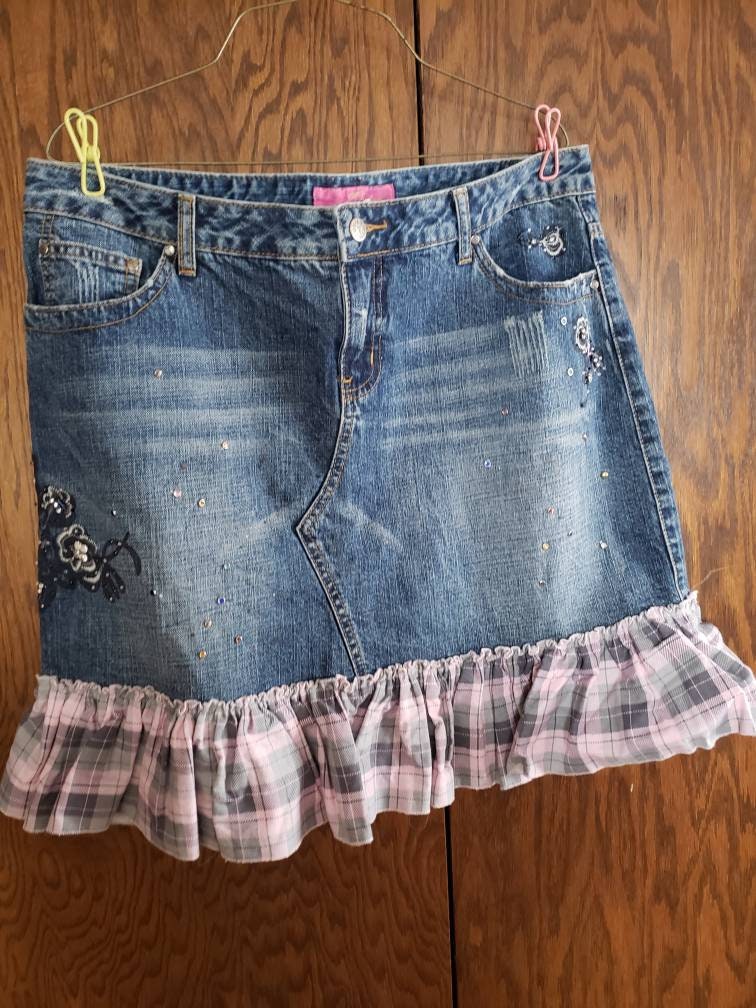 Denim Skirt With Pink and Gray Flannel Ruffle Mid Thigh Length With Rhinestones Scattered About so Cute. Etsy
