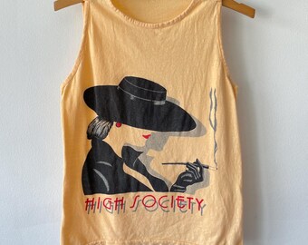 Vintage jaren 70 80s high Society mouwloos shirt glamourgeel retro
