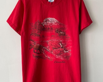 Vintage jaren 2000 Canada Wildlife Nature T-shirt buiten dieren rood grafisch medium