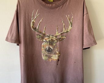 Vintage jaren 90 zonvervaagd bruin hert T-shirt matrixafbeelding natuur dieren in het wild groot