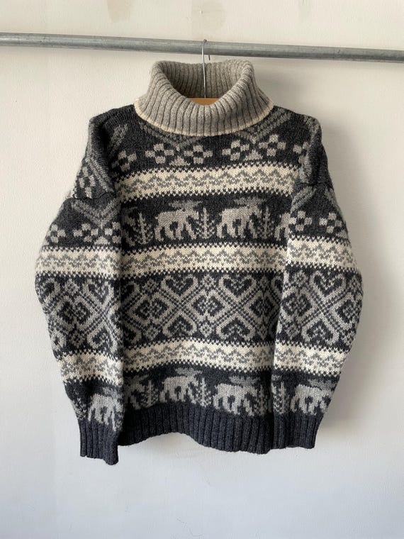 Vintage 1992 Eddie Bauer Moose Turtleneck Wool Knit Sweater Cottage Cozy 90s