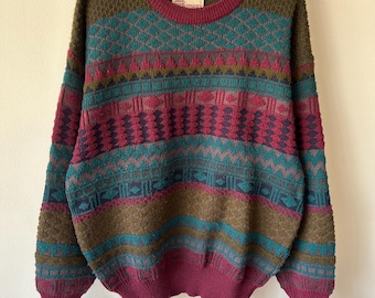 Maglione vintage anni '80 North Country in lana lavorata a maglia con motivo azteco in acrilico