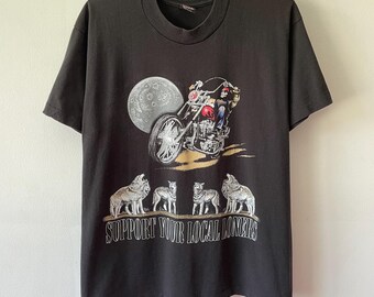 Vintage jaren 90 Support Your Local Loners Biker T-shirt Graphic Moon Wolves Skull USA Large