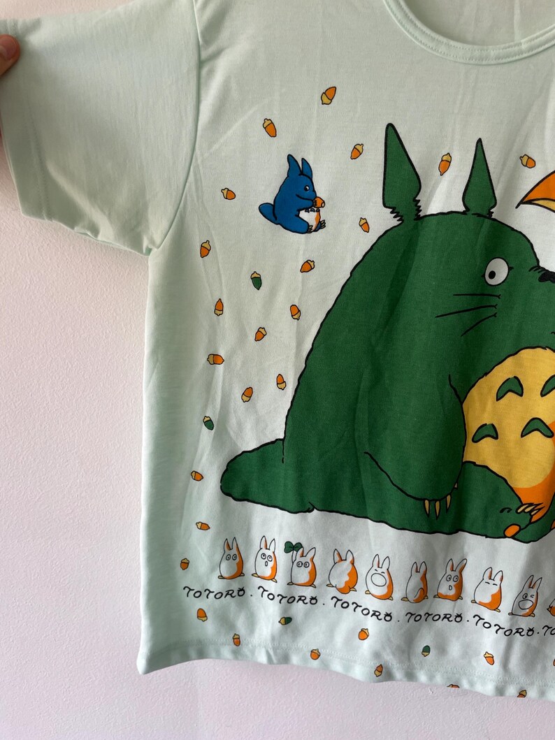 May include: A light mint green t-shirt featuring a large green character with a yellow belly, a small blue character, and a row of tiny white and orange creatures. The text "TOTORO" is printed repeatedly below the small creatures, surrounded by small orange acorns.