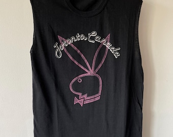 Vintage jaren 80 Playboy Bunny Toronto Canada mouwloos T-shirt grafisch slim Large