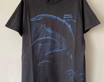 Vintage 80s 90s Dolphins Wildwood New Jersey T-shirt vervaagd zwart grafisch Tourist USA Large