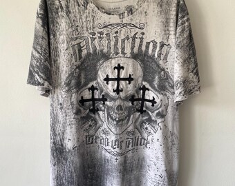 Vintage Y2K Affliction Skull Cross Distressed T-shirt grafisch geborduurd jaren 2000 Baggy 2XL