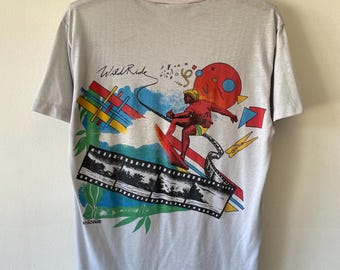 Vintage jaren 80 Suncoast Surf T-shirt papierdun retro sportkleding kleurrijk grafisch grijs medium