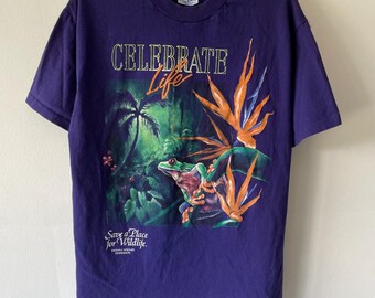 Vintage jaren 90 Treefrog Rainforest Nature Save Wildlife T-shirt Hanes Beefy enkele steek paars groot