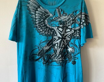 Vintage Y2K Xzavier Eagle Wings Cross Design T-shirt jaren 2000 grafisch blauw XL