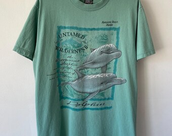 Vintage jaren 90 Dolphins Wilderness Pompano Beach Florida T-shirt Sea Animal Teal Graphic USA Large