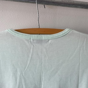 May include: A light mint green t-shirt with a round neckline, hanging on a wooden hanger. The fabric has a fine, semi-sheer texture and a consistent pale green color throughout. The garment is suspended from a metal hook on a horizontal bar.