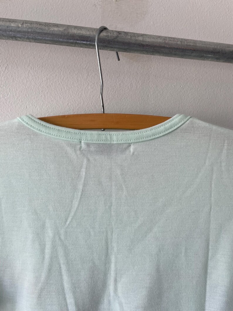 May include: A light mint green t-shirt with a round neckline, hanging on a wooden hanger. The fabric has a fine, semi-sheer texture and a consistent pale green color throughout. The garment is suspended from a metal hook on a horizontal bar.