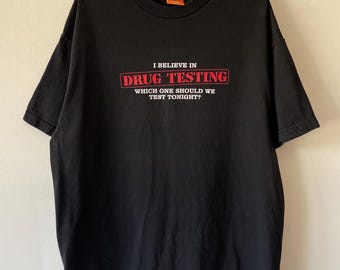 Vintage drugstesten uit de jaren 2000 grappig T-shirt komisch grafisch oranje dingo zwart XL