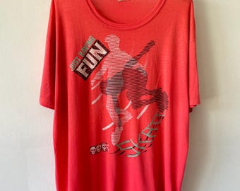 Vintage jaren 80 papierdun skateboard schedel T-shirt skate graphic boxy XL