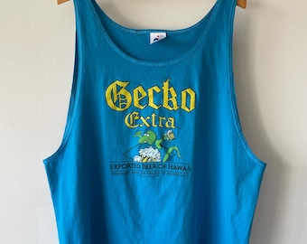 Vintage jaren 80 gekko extra corona bier parodie tanktop Hawaï blauw 1987 gemaakt in de VS enkele steek XL