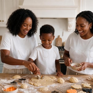 Two Moms Family Shirt Mockup, Halloween Cookie Baking White T-Shirt Mockup, Mom and Son Matching Tee Lifestyle PNG