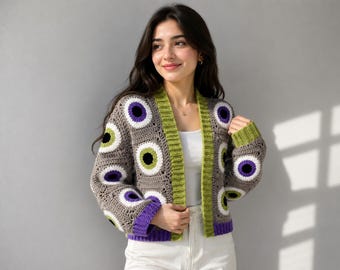 Eyeball Granny Square Crochet Cardigan Pattern, Spooky Halloween Sweater, Witchy Boho Jacket (Digital PDF)