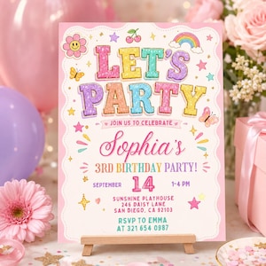 Zaproszenie na 3. urodziny Let's Party, kolorowe zaproszenie na imprezę dla dziewczynek, edytowalny szablon Canva, tęczowy wzór do pobrania w wersji cyfrowej, natychmiastowy dostęp