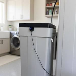 Pode incluir: Um descalcificador de água alto e retangular de cor cinza-claro com tampa preta. Um pequeno sensor preto com uma luz azul brilhante está fixado na parte frontal da tampa, ligado por um fio preto fino que desce pela lateral da unidade.