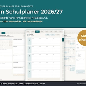 Könnte beinhalten: Ein digitaler Lehrerplaner mit dem Titel Mein Schulplaner 2026/27, mit dunkelblaugrünem Header und drei angezeigten Seiten. Die Benutzeroberfläche zeigt einen Monatskalender für September 2026, eine Wochenansicht für KW 38 und eine Liste der Schulferien.