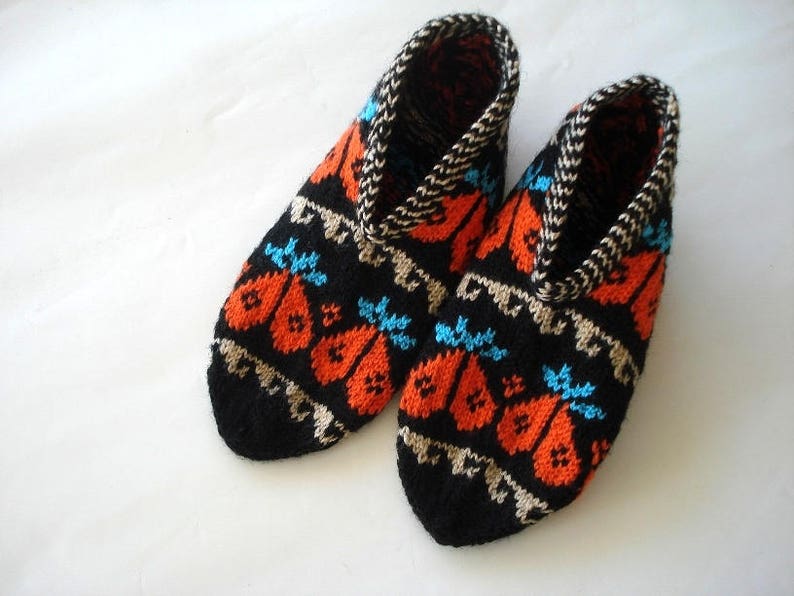 Orange turquoize beige black Hand Knit Slippers, ladies booties, knitted home shoes, womens slippers with heart design, halloween gifts image 4