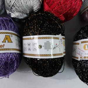 Hilo de punto de cruz cordenato de 100 g, hilo de viscosa, rayón plateado y negro, lúrex brillante metálico, ganchillo Ayda Simli kordenet imagen 10