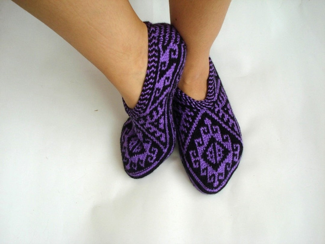 Ultra Violet Knit Slippers, Purple Black Traditional Turkish Hand