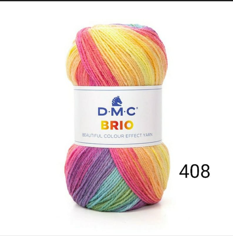 May include: A ball of DMC Brio yarn in color 408. The yarn is a multi-colored gradient of pink, yellow, green, and purple.