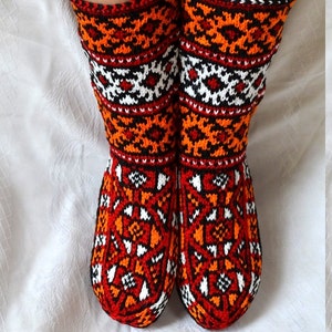 hand knit christmas stockings, White red orange black Turkish winter Socks, mens womens High Socks image 2
