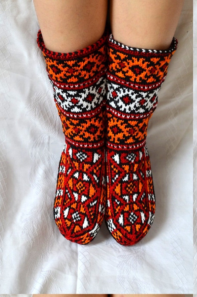 hand knit christmas stockings, White red orange black Turkish winter Socks, mens womens High Socks image 2