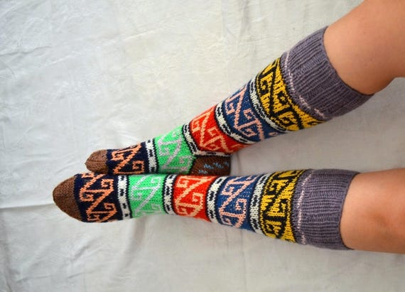 hand knit colourful legwarmers, Turkish Socks, woman Knee High Socks  with geomertic desing, boot socks