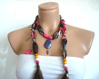 Beaded brown Cotton Necklace, Neck wrap, boho Gift for woman, Turkish Scarf Yemeni