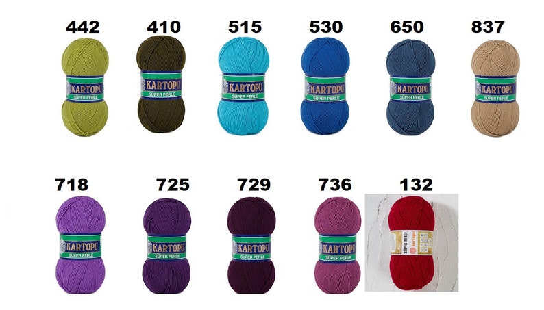 May include: A collection of ten balls of yarn in various colors, including green, blue, purple, and red. Each ball has a label with a number and the brand name "KARTOPU SUPER PERLE". The yarn is likely for knitting or crocheting projects.