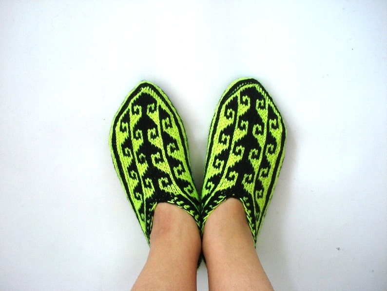 womens slippers, Neon yellow black Turkish socks, knit home shoes, adult booties size 7 8 9, womens house shoes, christmas gifts for her image 3
