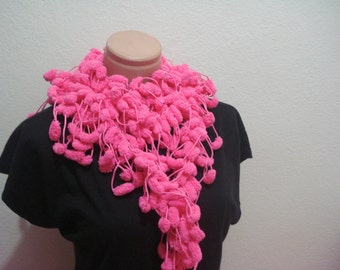 pink pom pom scarf, handmade crochet bubblegum, fushia PomPom accessory, nice gift for Women, funny soft scarf
