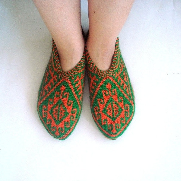 Green orange knit women Slippers, ladies booties, home shoes, womens footwear, hoisery, womens boho gifts