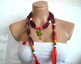 Wooden Beaded Red Cotton Scarf, Cotton burnt orange  Necklace, christmas gifts for girlfriend