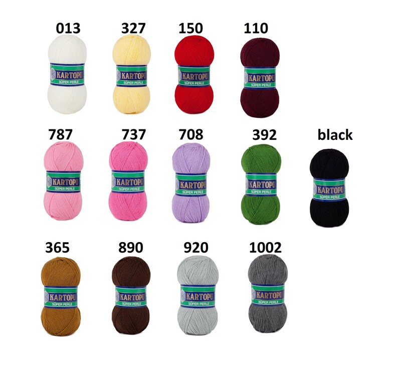 May include: A collection of colorful yarn skeins, each labeled with a number. Colors include white, yellow, red, burgundy, pink, purple, green, brown, gray, and black. The brand name "KARTOPU SUPER PERLE" is printed on each label.