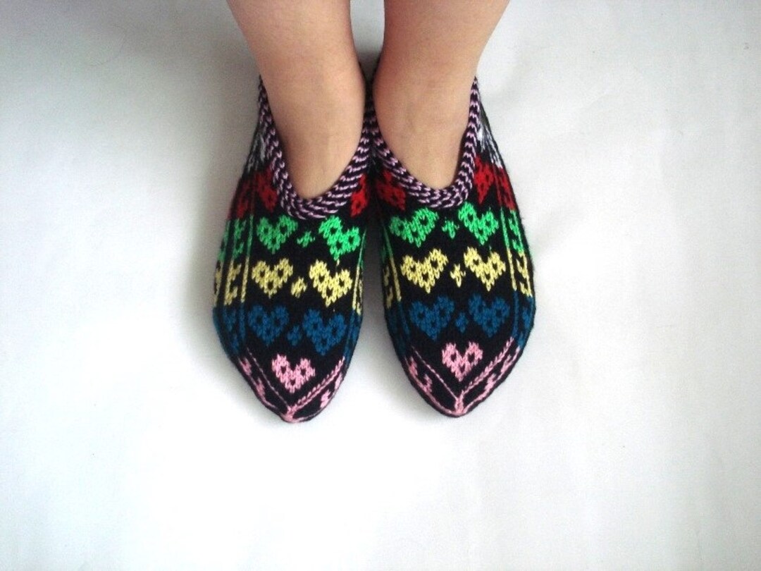 Womens Slippers, Ethnic Knit Slippers, Authentic, Multicolor Turkish  Slippers Christmas Valentines Gifts for Women, Love Heart for Her Teens 