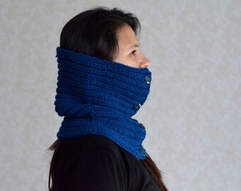 Dark Blue Wool Knit Cowl, Button Neck Warmer, Infinity Scarf