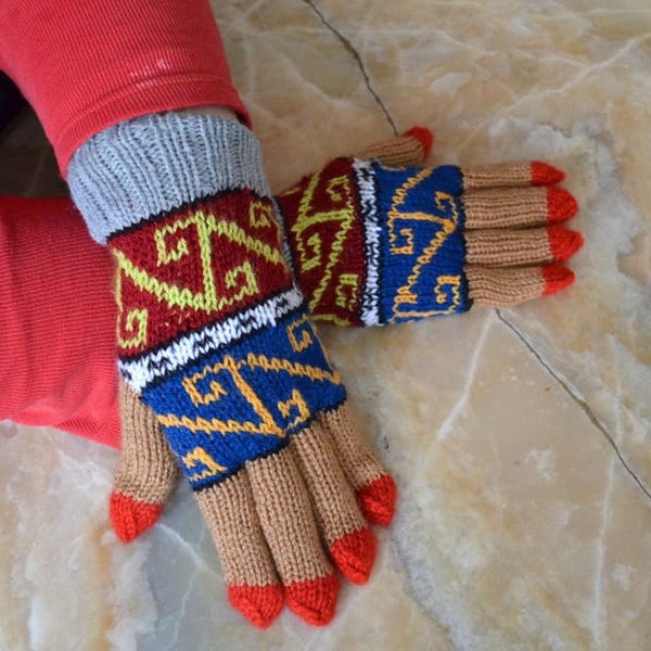 Knit geometric warm winter women authentic gloves, red blue knit cool mittens