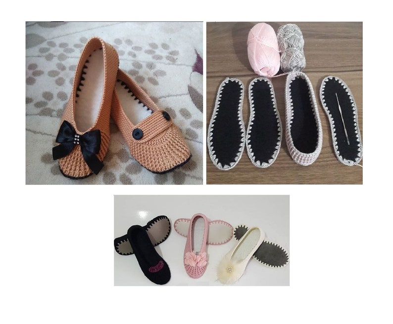 May include: A pair of crocheted slippers with black bows and buttons. The slippers are beige and have black trim. There are also two pairs of pink and black crocheted slippers with black trim.