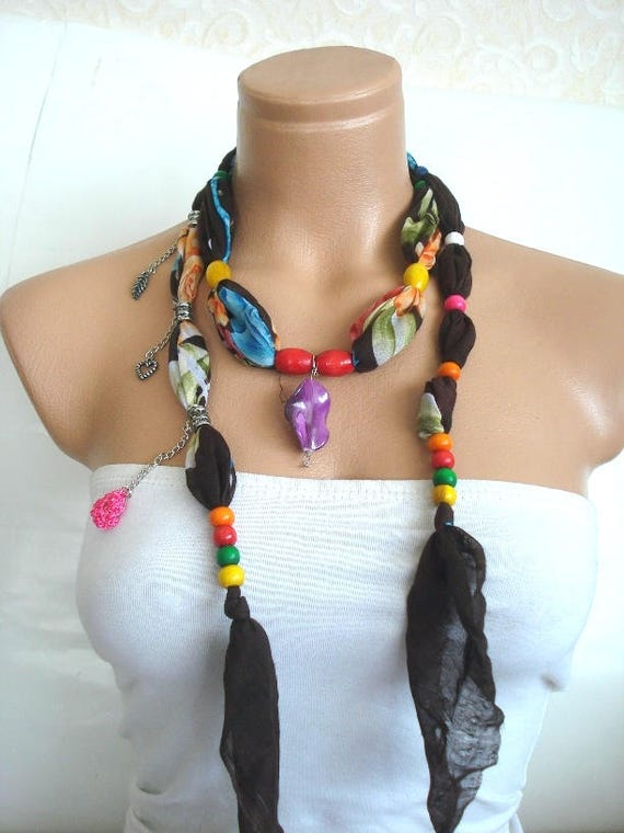 brown Wooden Beaded cotton necklace, Southwestern style women scarf