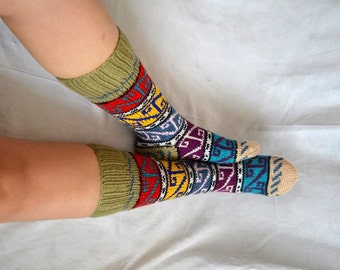 colourful Turkish Knitted Socks, woman athletic socks, knitted home shoes, Knee High Socks, Leg Warmer