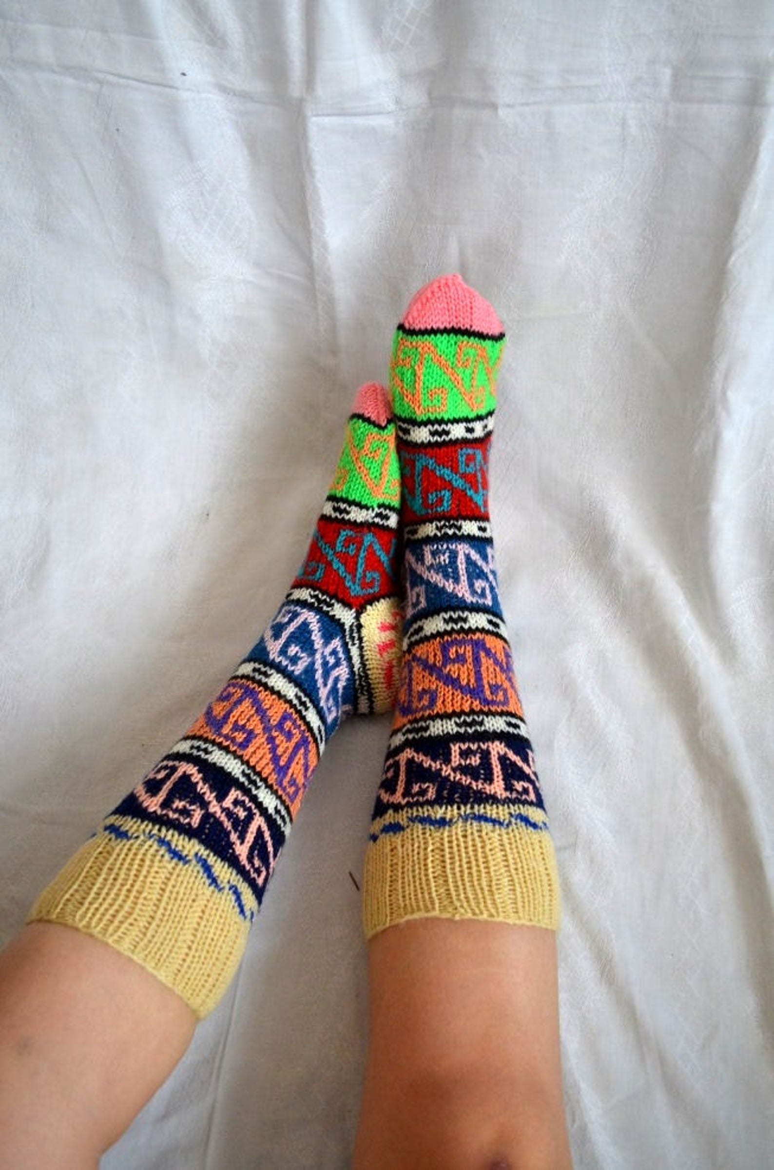 Hand Knit Colorful Knee High Mens Socks Turkish Knit Socks Etsy