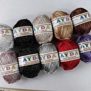 Hilo de punto de cruz cordenato de 100 g, hilo de viscosa, rayón plateado y negro, lúrex brillante metálico, ganchillo Ayda Simli kordenet imagen 7