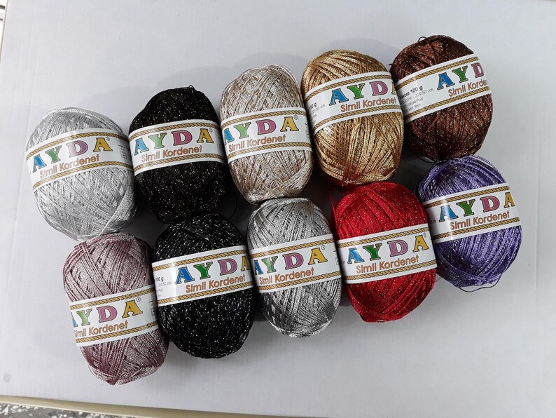 Hilo de punto de cruz cordenato de 100 g, hilo de viscosa, rayón plateado y negro, lúrex brillante metálico, ganchillo Ayda Simli kordenet imagen 7